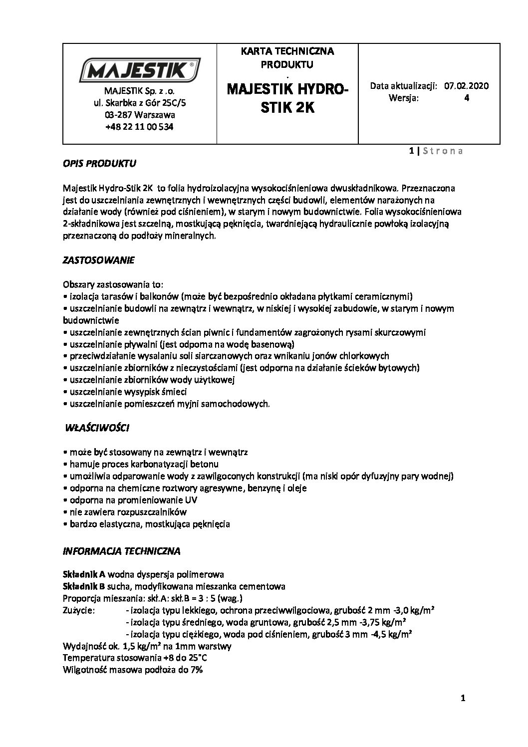 MAJESTIK Hydroizolacja dwuskładnikowa HYDRO-STIK 2K - obrazek 3